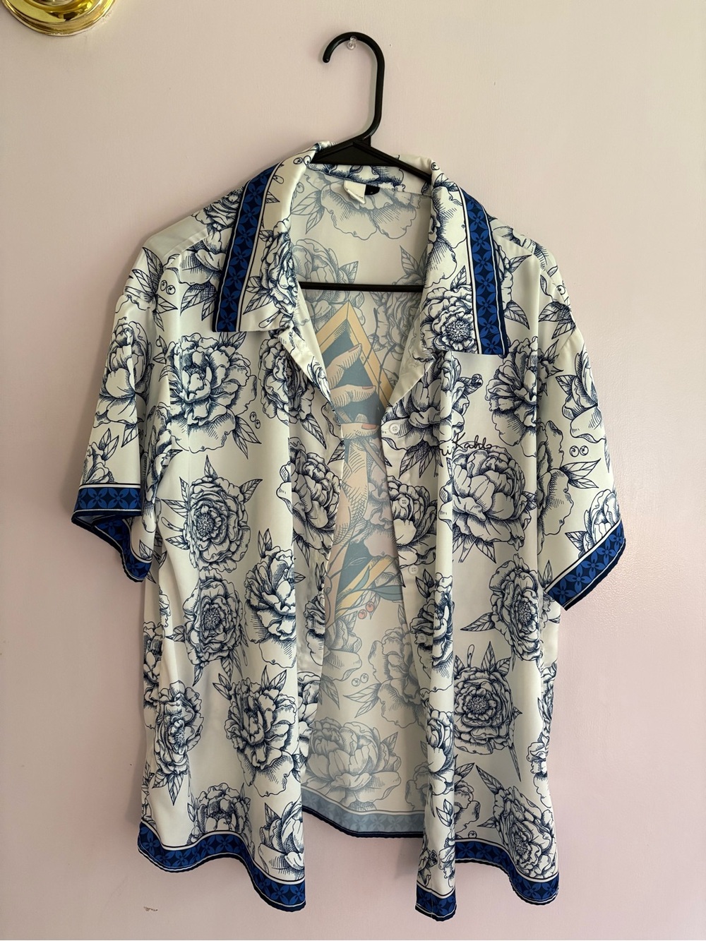 Woven Floral Button-Down Shirt in White and Blue